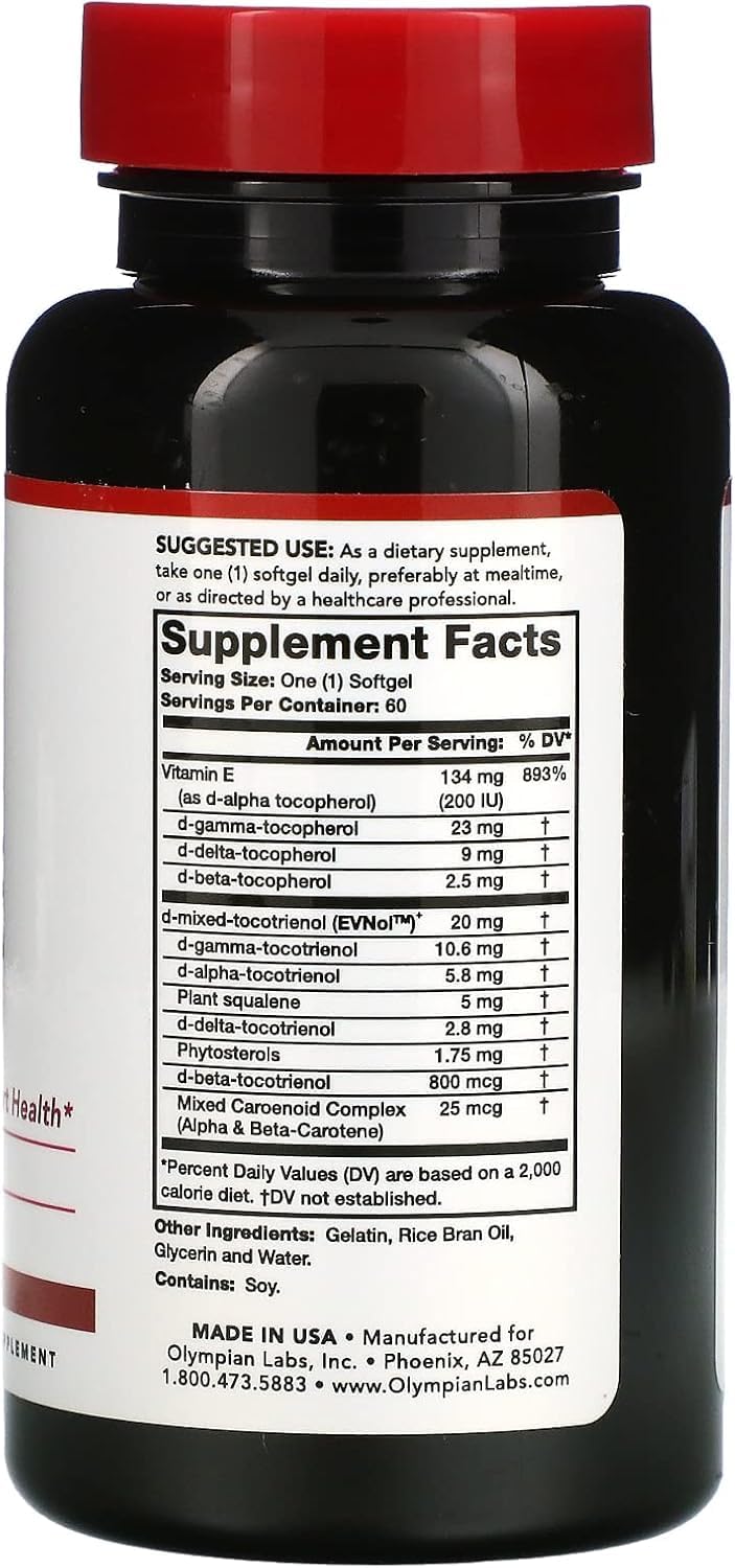 Olympian Labs Vitamin E Tocomin Softgels - 200IU, 60 Servings - Support Brain, Skin & Hair, Fight Free Radicals