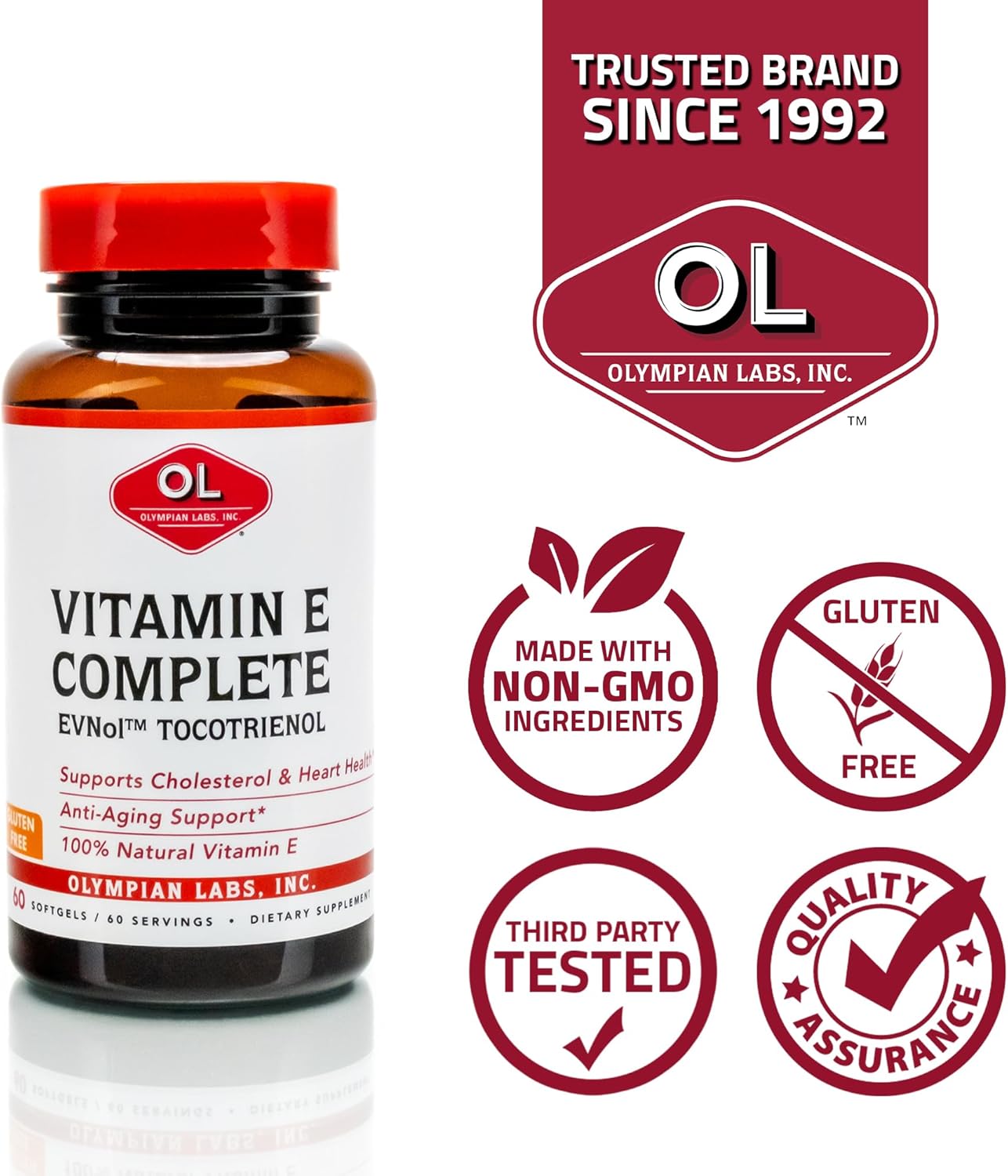 Olympian Labs Vitamin E Tocomin Softgels - 200IU, 60 Servings - Support Brain, Skin & Hair, Fight Free Radicals