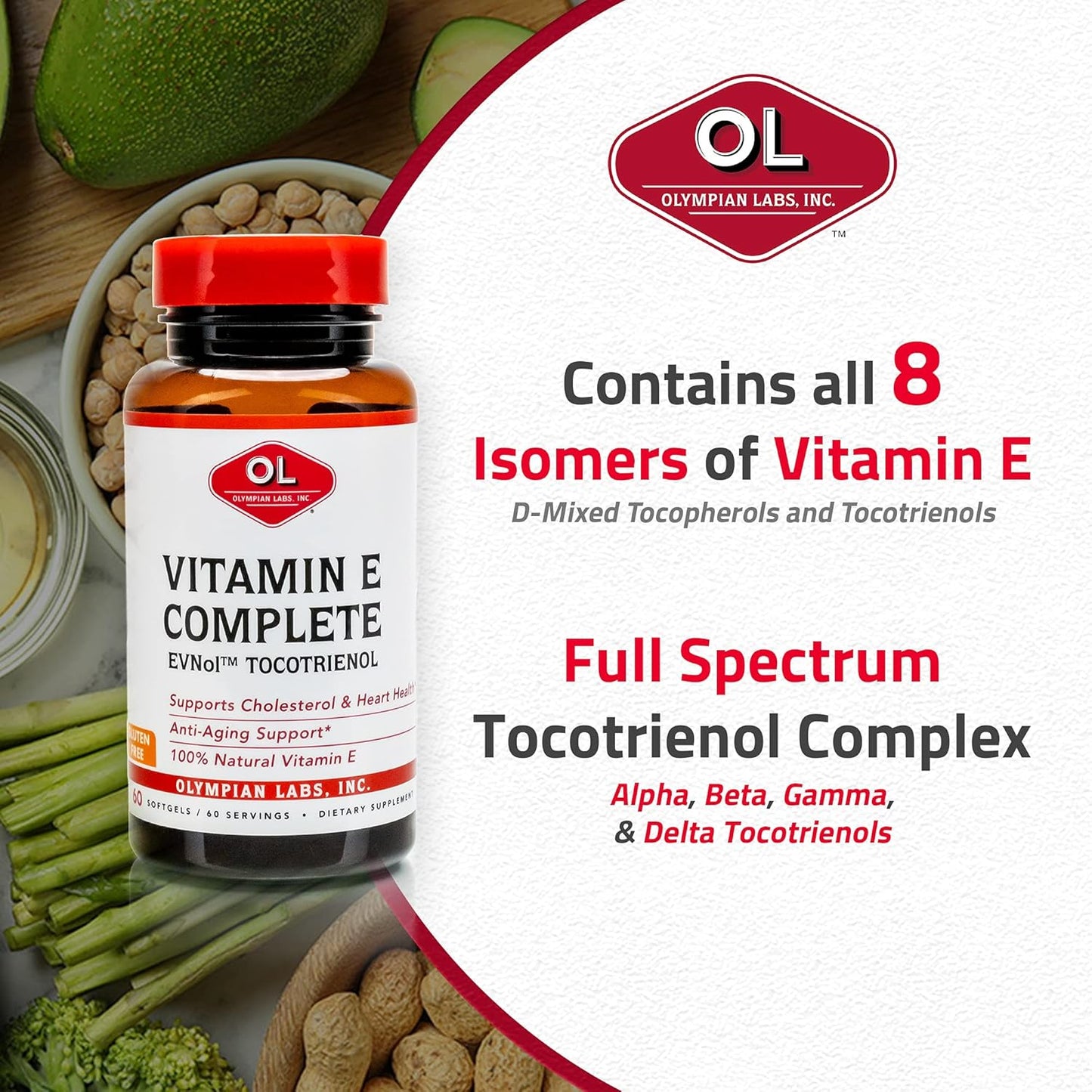 Olympian Labs Vitamin E Tocomin Softgels - 200IU, 60 Servings - Support Brain, Skin & Hair, Fight Free Radicals