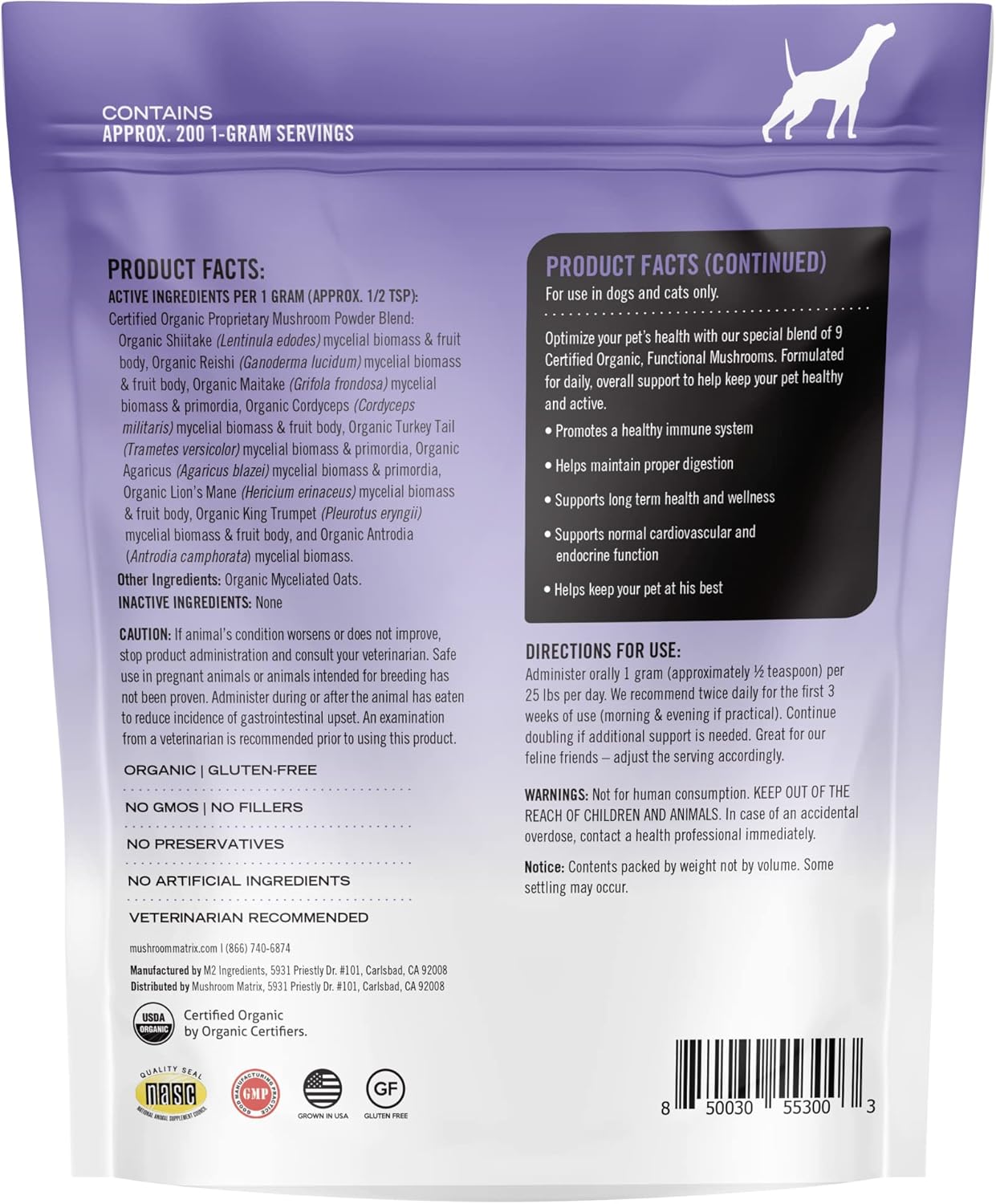 Om Mushroom Matrix Pet Immune Support Supplement, 200g - Daily Functional Support for Dogs & Cats