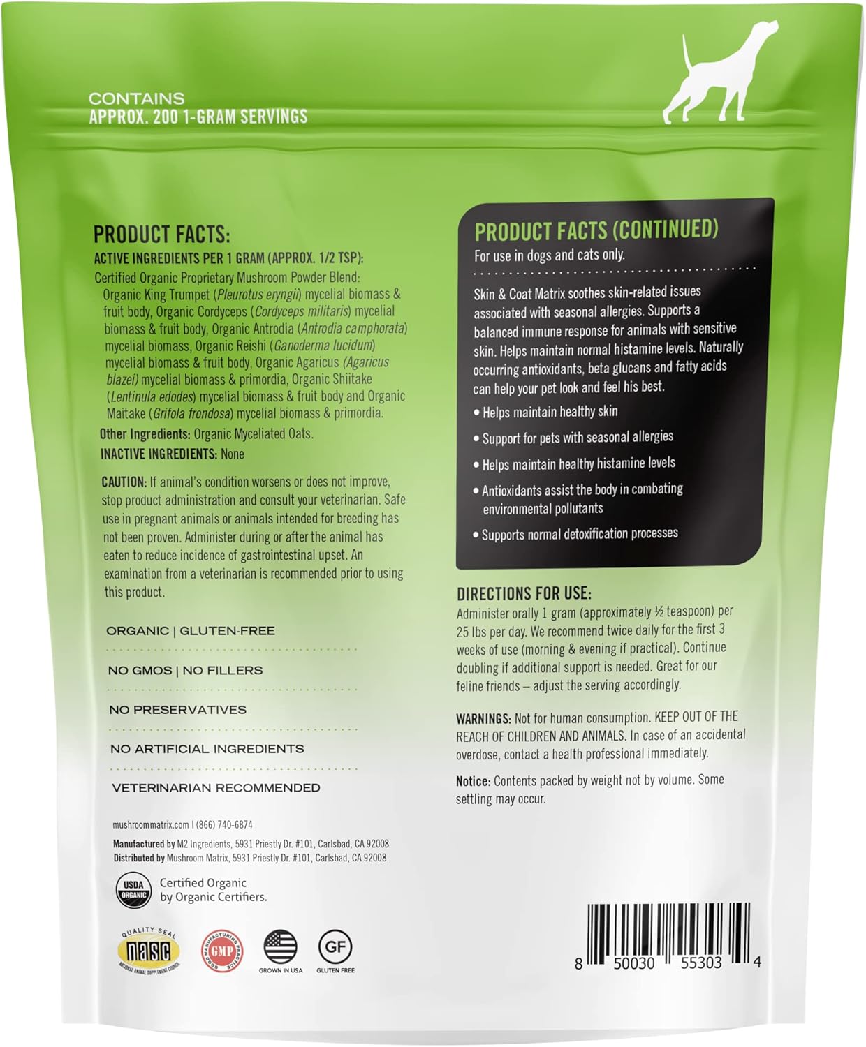 Om Mushroom Matrix Skin & Coat Pet Supplement for Dogs & Cats - Seasonal Allergy Support - 200g, 7.1oz