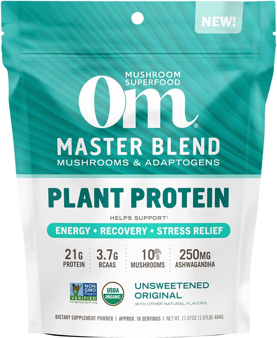 OM Mushroom Superfood Master Blend Plant-Based Protein Powder - 17.07 oz, 16 Servings, Unsweetened Original Flavor
