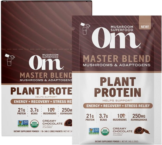OM Mushroom Superfood Master Blend Single Serve Packets - Creamy Chocolate Plant Protein with Mushrooms & Adaptogens for Energy, Recovery, Stress Relief - 10 Count