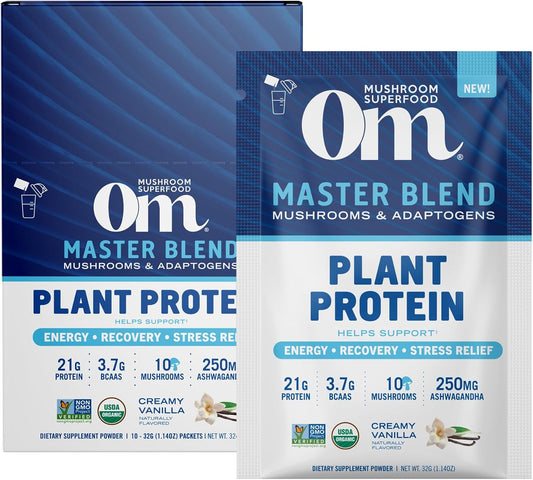 OM Mushroom Superfood Master Blend Vanilla Plant Protein with Mushrooms & Adaptogens - 10 Count, Single Serve Packs - Energy, Recovery, Stress Relief - Lion's Mane, Ashwagandha - 10 Mushroom Complex