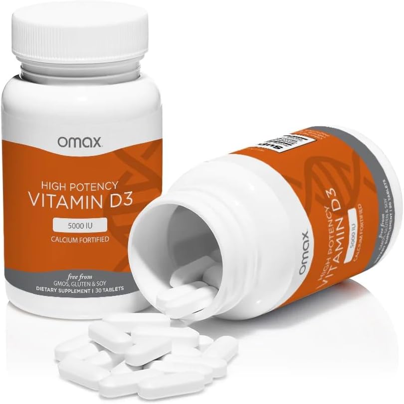 Omax3 Vitamin D3 5000 IU + Calcium Tablets for Strong Bones, Muscles, Joints, Heart Health, Immunity - 30-Day Supply, Non GMO