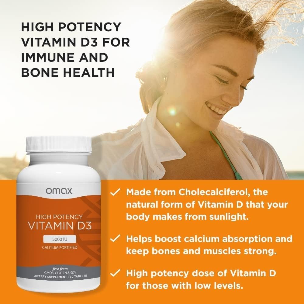 Omax3 Vitamin D3 5000 IU + Calcium Tablets for Strong Bones, Muscles, Joints, Heart Health, Immunity - 30-Day Supply, Non GMO