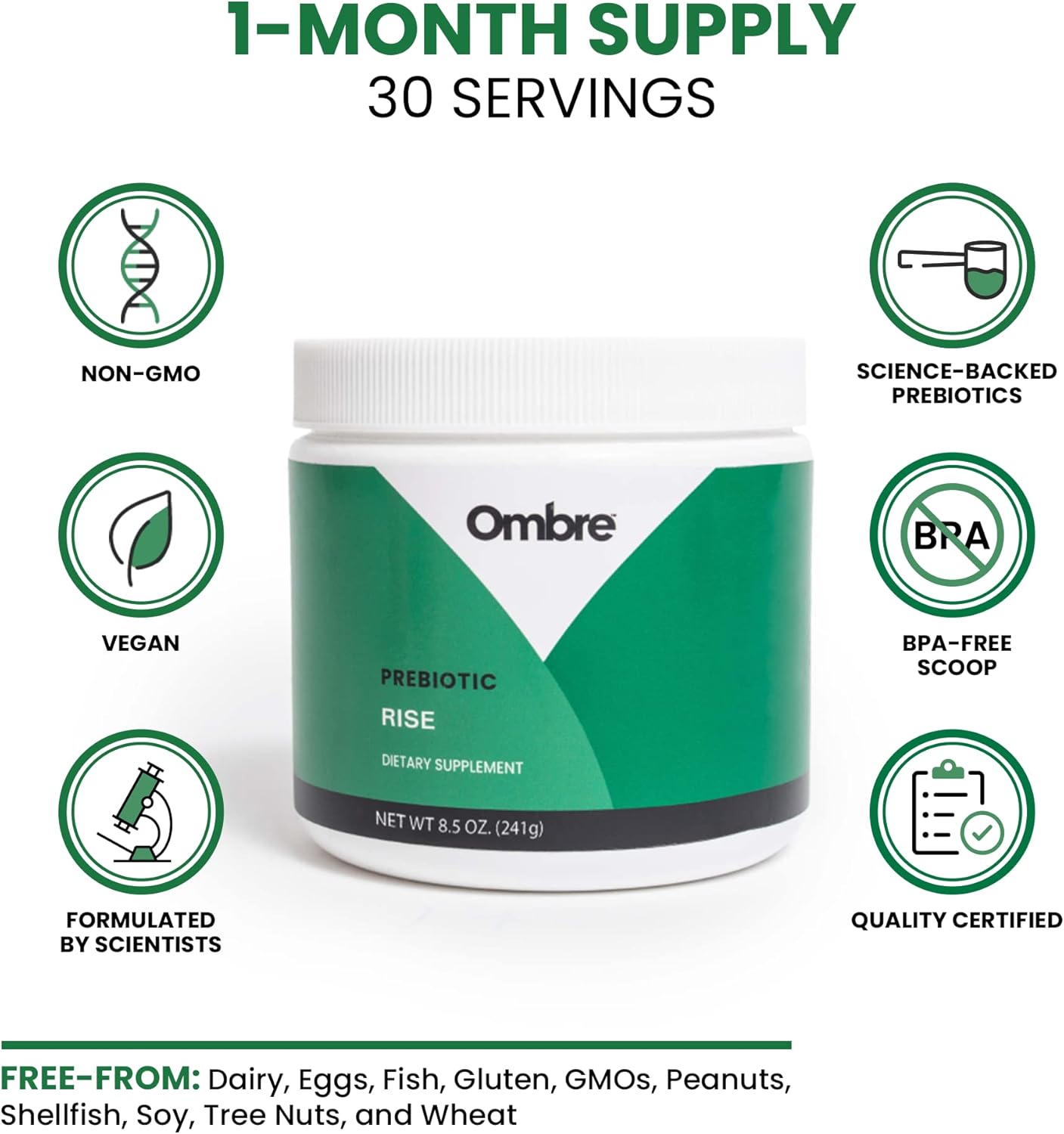 Ombre Rise Prebiotic Powder Fiber Supplement for Digestive Regularity, Wellness - Water Soluble, Fast-Absorbing, Gentle on Stomach - 8.5oz Tub, 30 Servings