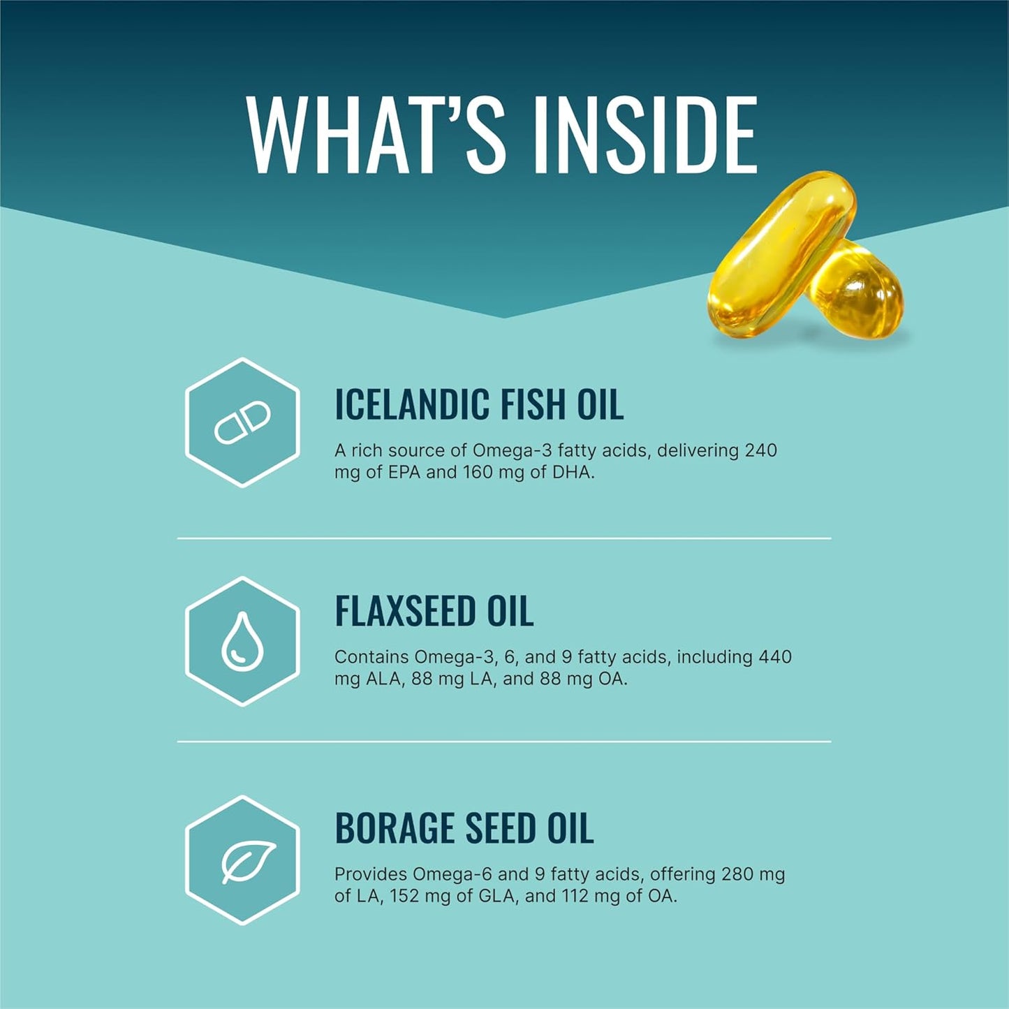 Omega 3-6-9 Daily Blend 2400mg - Fish, Flaxseed, Borage Oils - Vitamin E - Wellness Support - Non-GMO - Mercury-Free - 120 Softgels - 2 Month Supply