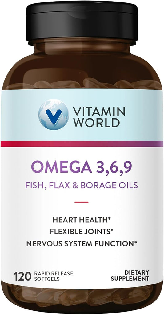 Omega 3-6-9 Fish, Flax, Borage, Evening Primrose Oil Softgels, 3000mg, Heart, Brain, Joint, Immune Health, EPA & DHA, Gluten Free - 120 count