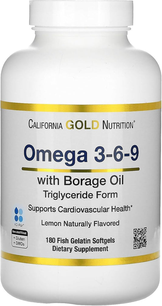 Omega 3-6-9 Fish Oil Softgels with Borage Oil, Norwegian Triglyceride, Natural Lemon Flavor - 180 Count