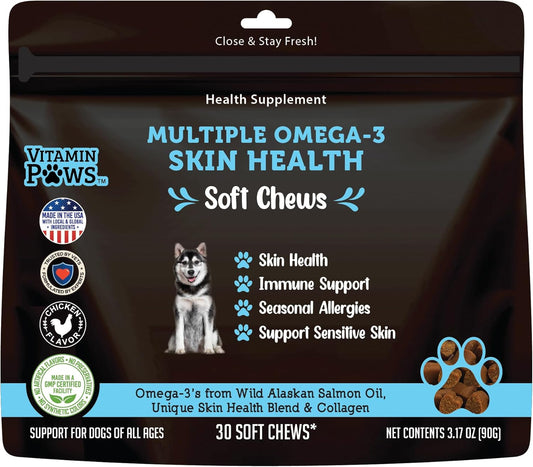 Omega 3 Chews for Dogs with Wild Alaskan Salmon Oil, Collagen, MSM, Krill, EPA, DHA | Supports Itching Skin Allergy, Joints, Coat Shedding | Vitamin Paws Essentials
