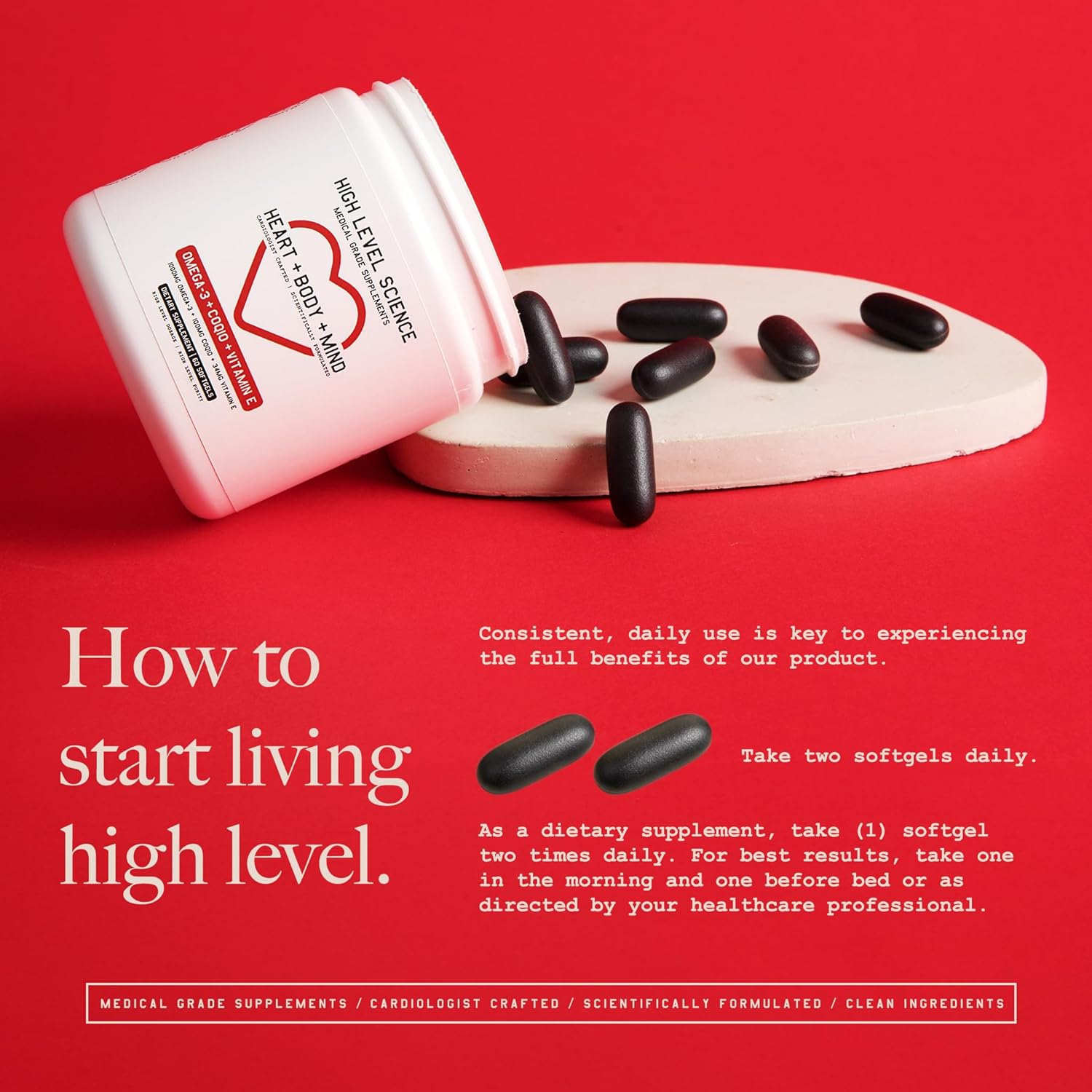 Omega 3, CoQ10, Vitamin E Heart Support Softgels - Men & Women Dietary Supplement - 60 Black Softgels x2 Pack