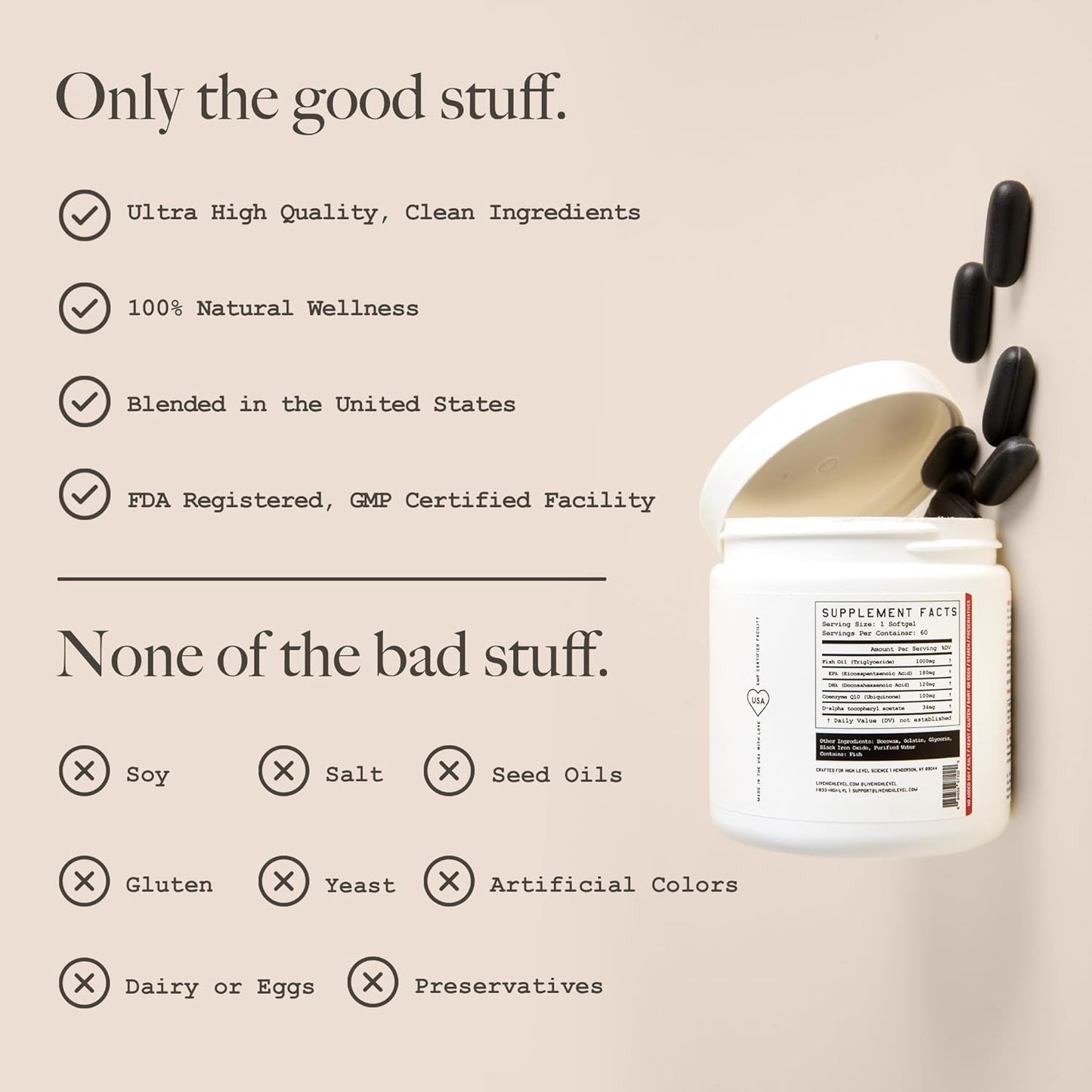 Omega 3, CoQ10, Vitamin E Heart Support Softgels - Men & Women Dietary Supplement - 60 Black Softgels x2 Pack