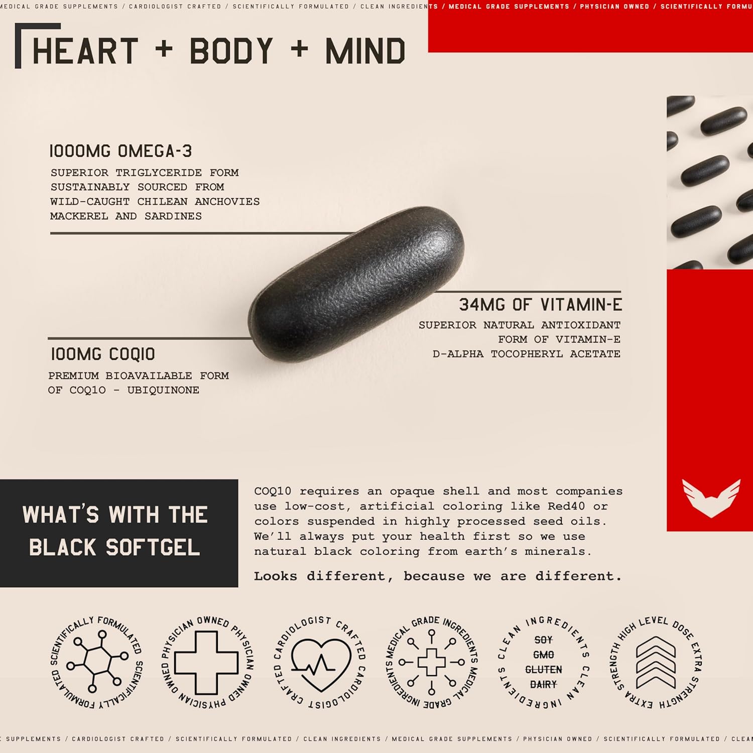 Omega 3, CoQ10, Vitamin E Heart Support Softgels - Men & Women Dietary Supplement - 60 Black Softgels x2 Pack