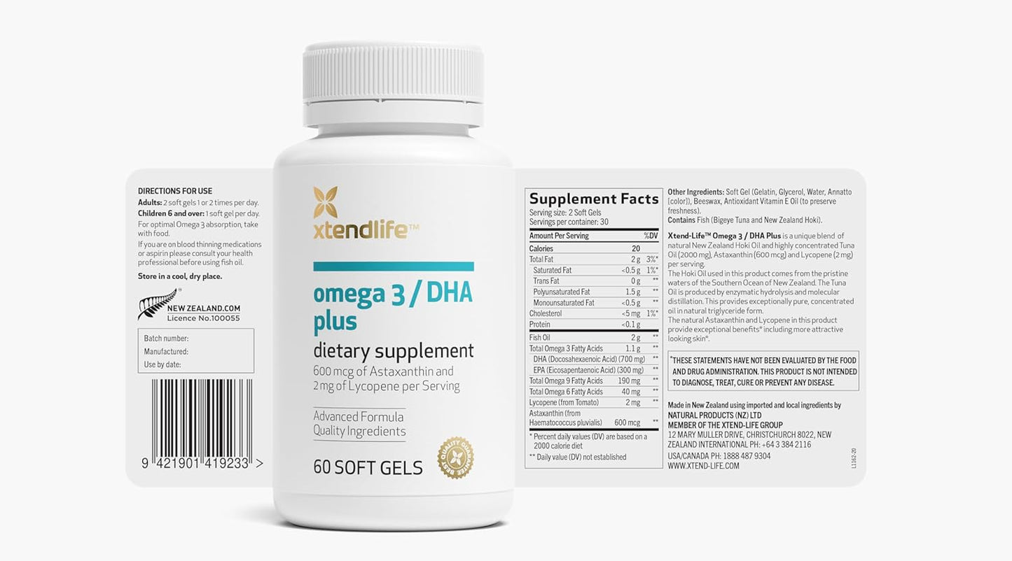 Omega 3 DHA Fish Oil Supplement with Lycopene and Astaxanthin - 1100mg Omega-3 - Supports Heart, Brain, Eye, Skin - 1 Month Supply (60 Count)