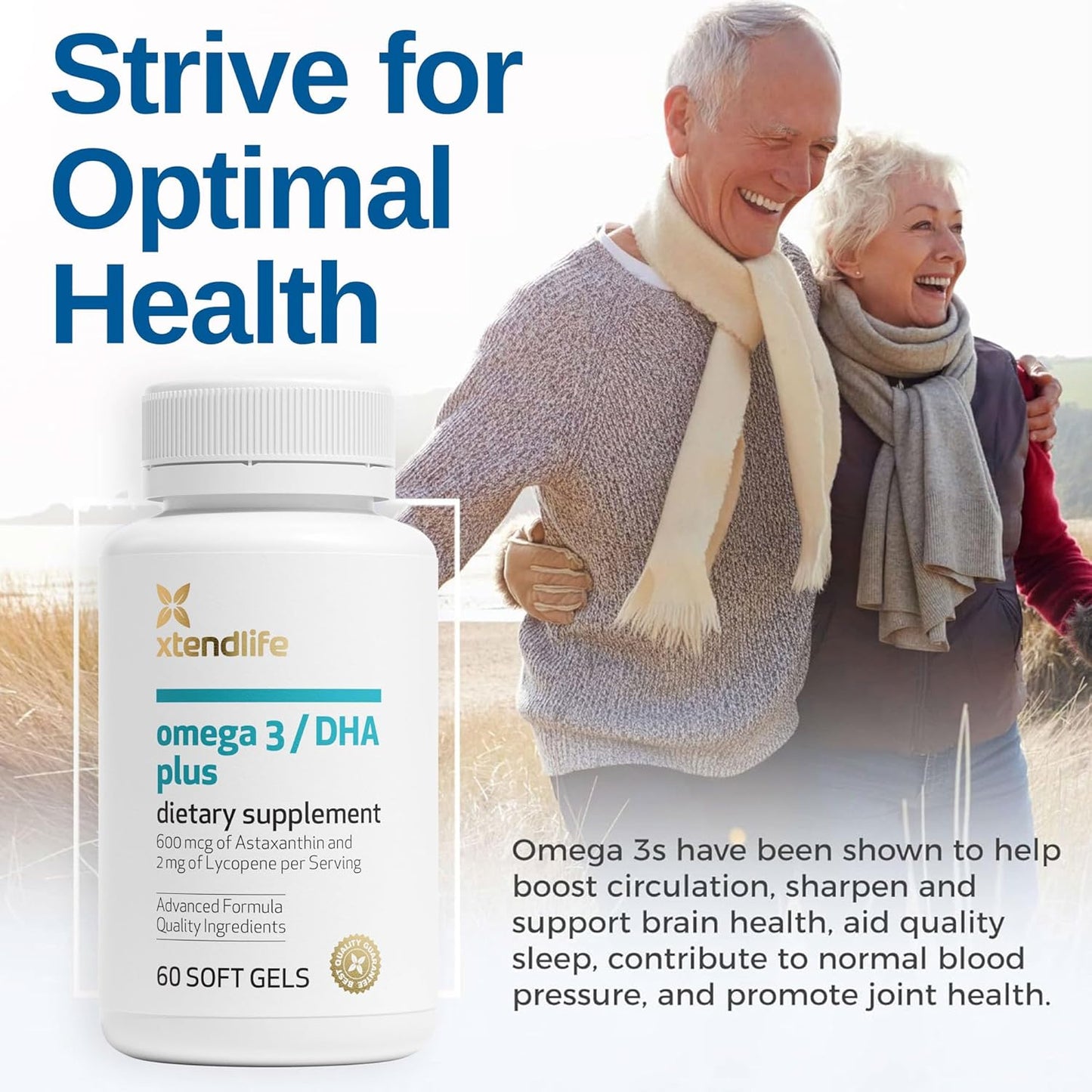 Omega 3 DHA Fish Oil Supplement with Lycopene and Astaxanthin - 1100mg Omega-3 - Supports Heart, Brain, Eye, Skin - 1 Month Supply (60 Count)