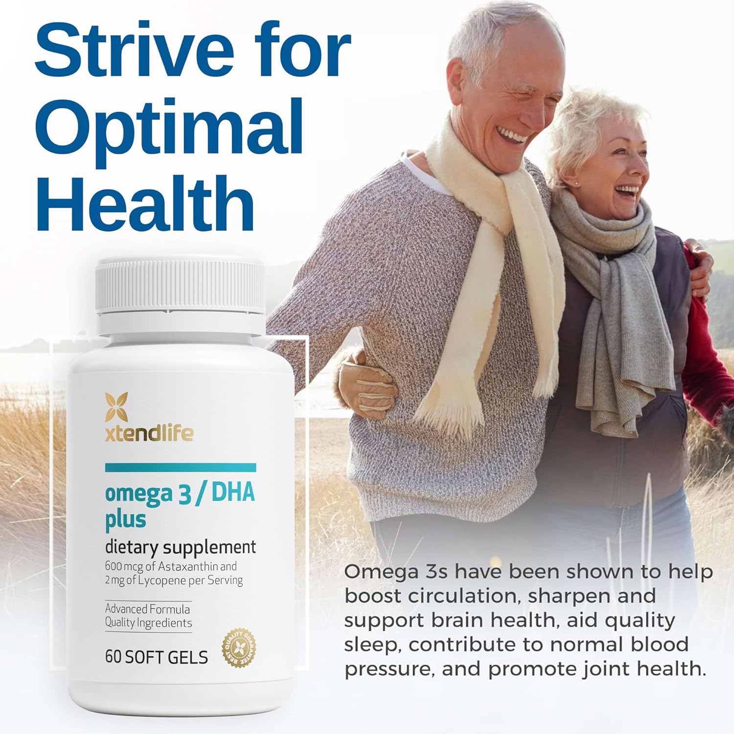 Omega 3 DHA Fish Oil Supplement with Lycopene and Astaxanthin - 1100mg Omega-3 - Supports Heart, Brain, Eye, Skin - 1 Month Supply (60 Count)