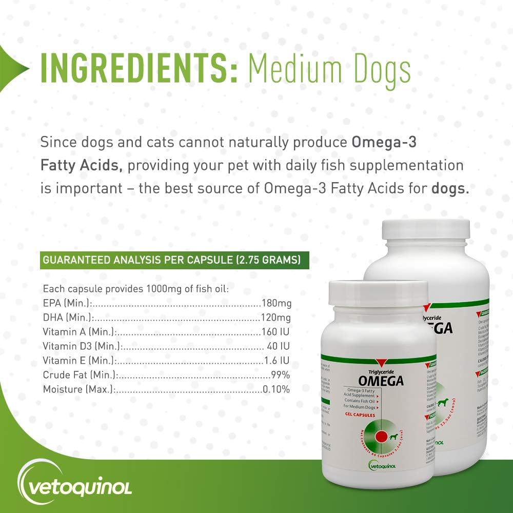 Omega-3 Fatty Acid Dog Supplement Capsules for Medium-Breed Dogs (30-60 lbs) - 250ct by Vetoquinol - BoostGo Australia