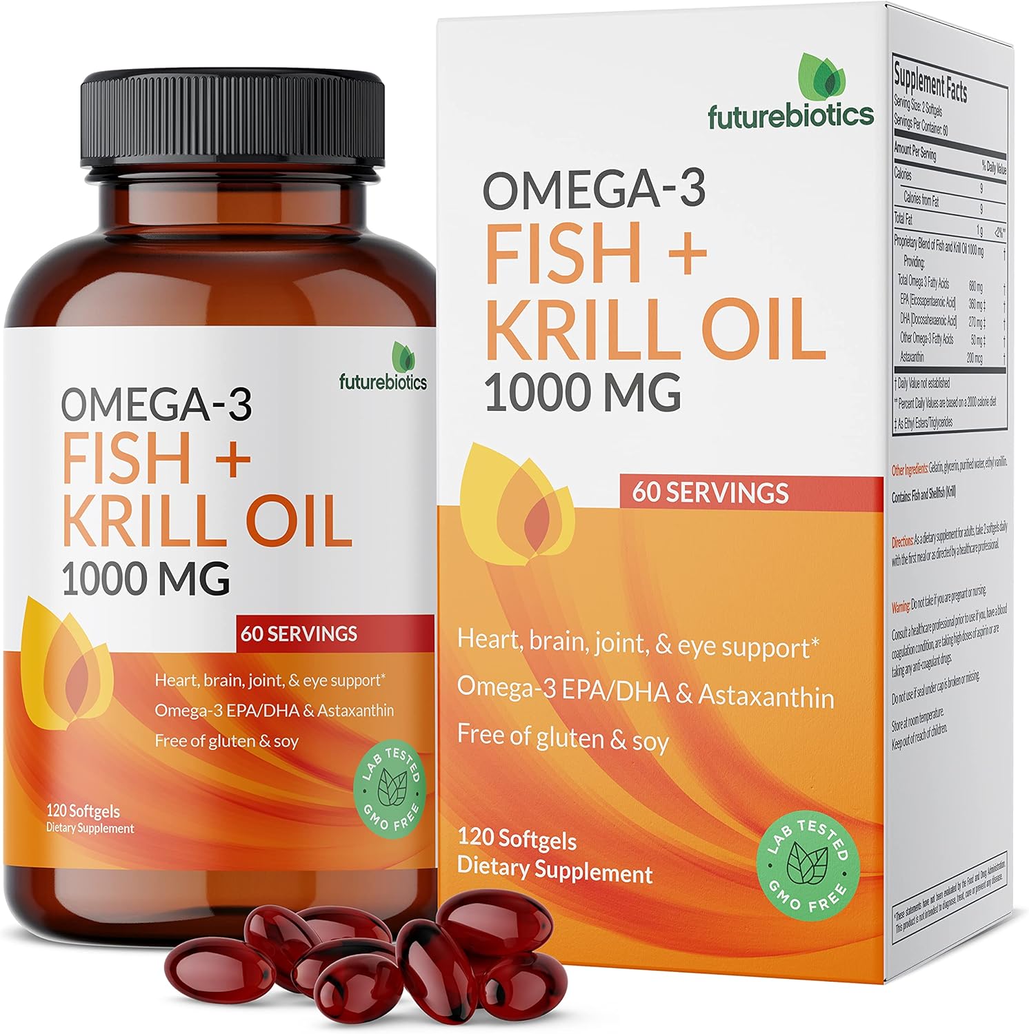 Omega-3 Fish and Krill Oil Softgels with Astaxanthin - 1000 MG EPA/DHA, Non-GMO, 120 Softgels