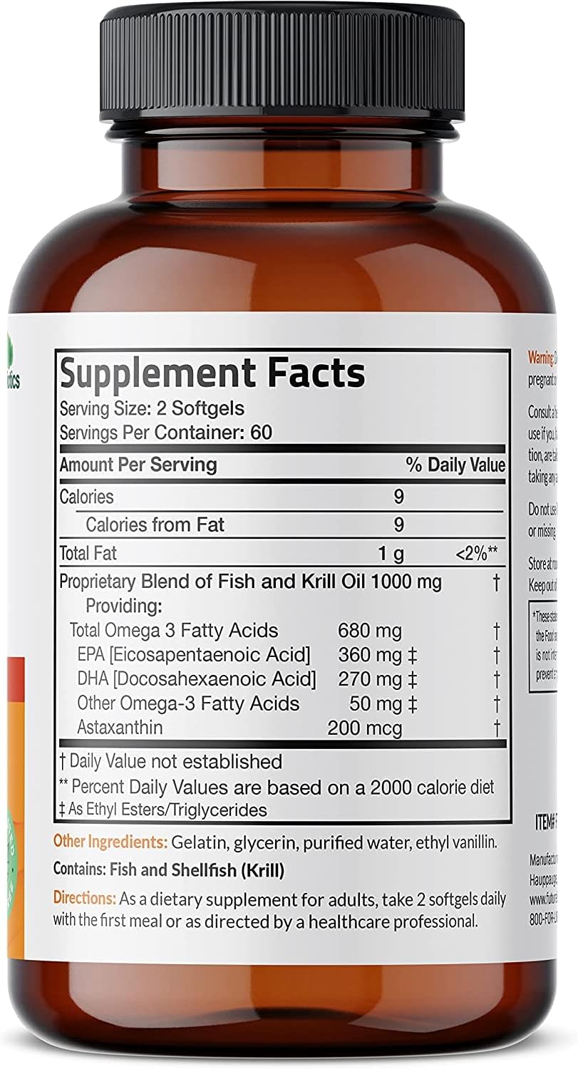 Omega-3 Fish and Krill Oil Softgels with Astaxanthin - 1000 MG EPA/DHA, Non-GMO, 120 Softgels