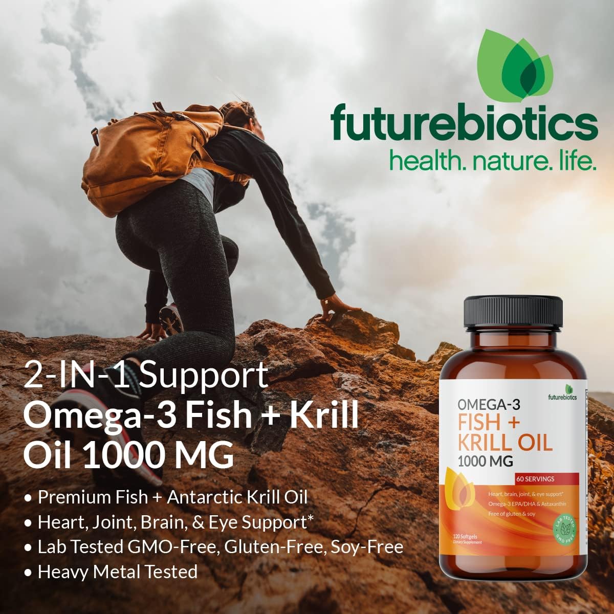 Omega-3 Fish and Krill Oil Softgels with Astaxanthin - 1000 MG EPA/DHA, Non-GMO, 120 Softgels