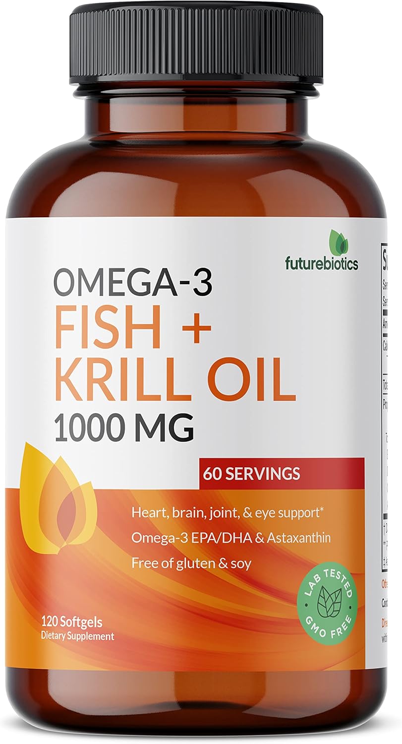 Omega-3 Fish and Krill Oil Softgels with Astaxanthin - 1000 MG EPA/DHA, Non-GMO, 120 Softgels