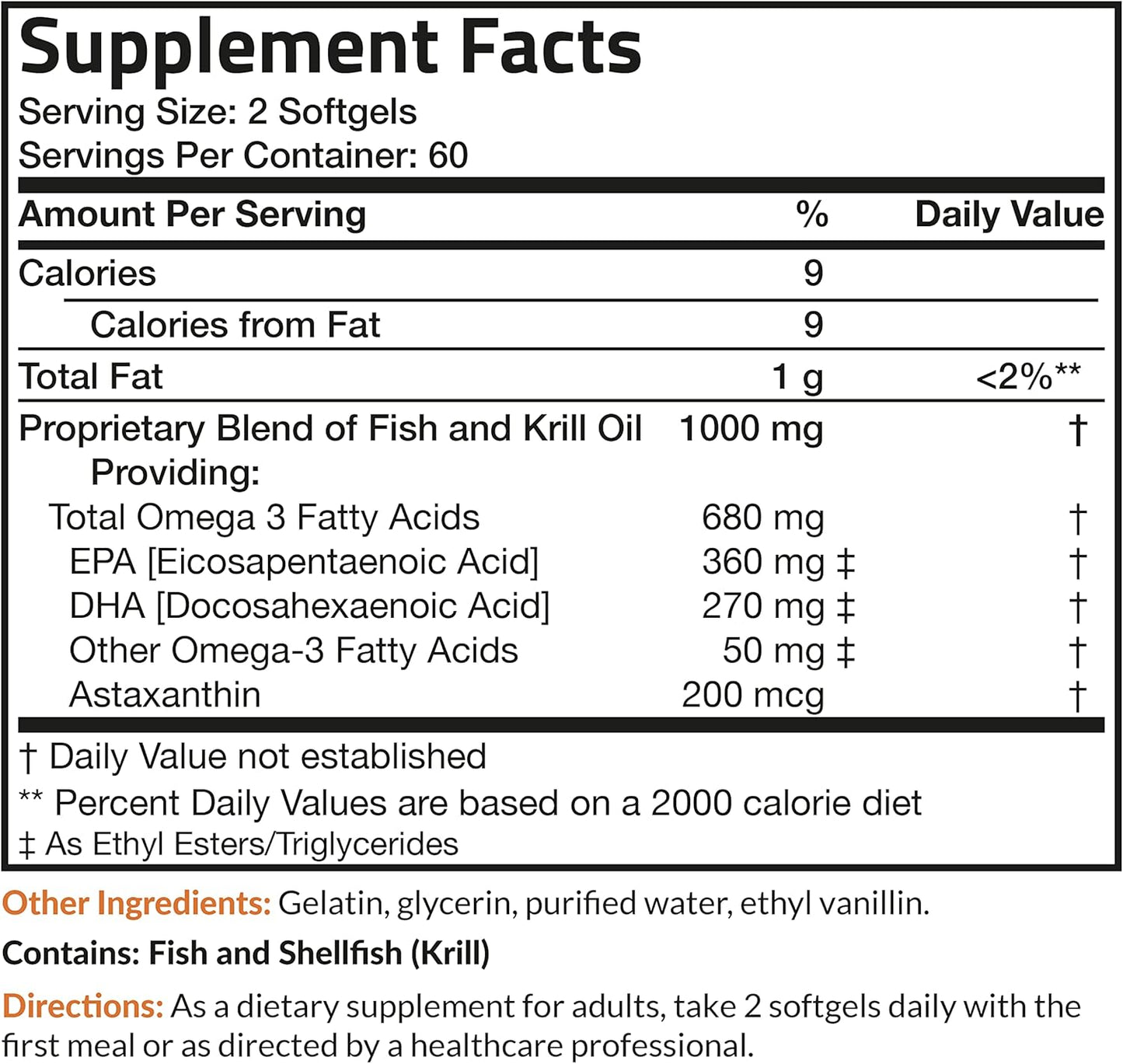 Omega-3 Fish and Krill Oil Softgels with Astaxanthin - 1000 MG EPA/DHA, Non-GMO, 120 Softgels