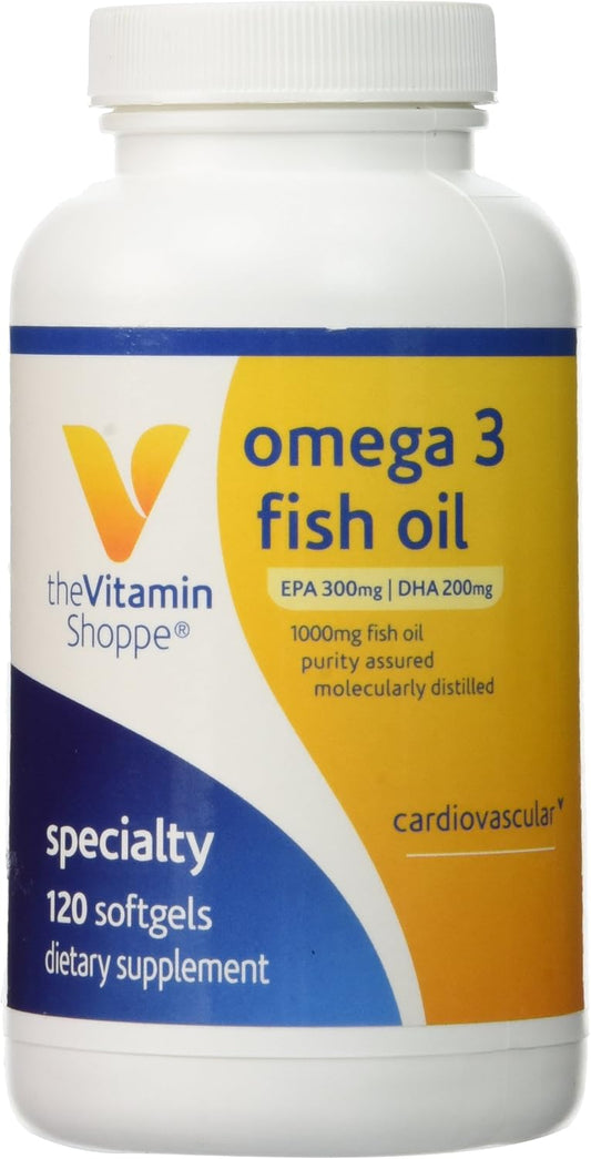 Omega 3 Fish Oil 1000mg, EPA 300mg & DHA 200mg, Purity Assured, Molecularly Distilled - Cardiovascular, Joint, Brain Health Support (120 Softgels)