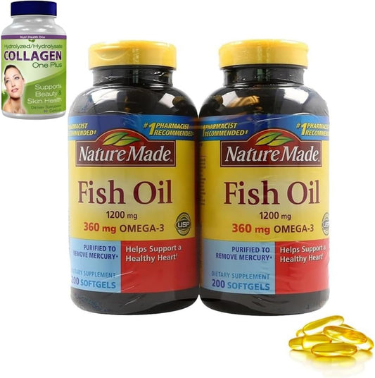 Omega 3 Fish Oil Bundle with Collagen for Heart and Skin Health, 2 Pack, 1200mg Softgels, 360mg Supplements, 230 ct, Nature Made, Gold