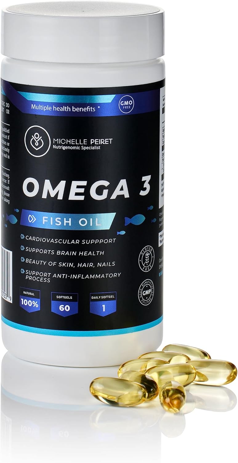 Omega 3 Fish Oil Capsules 1000mg - Michelle Peiret - No Fishy Smell - No Aftertaste - Gluten-Free - 60 Capsules
