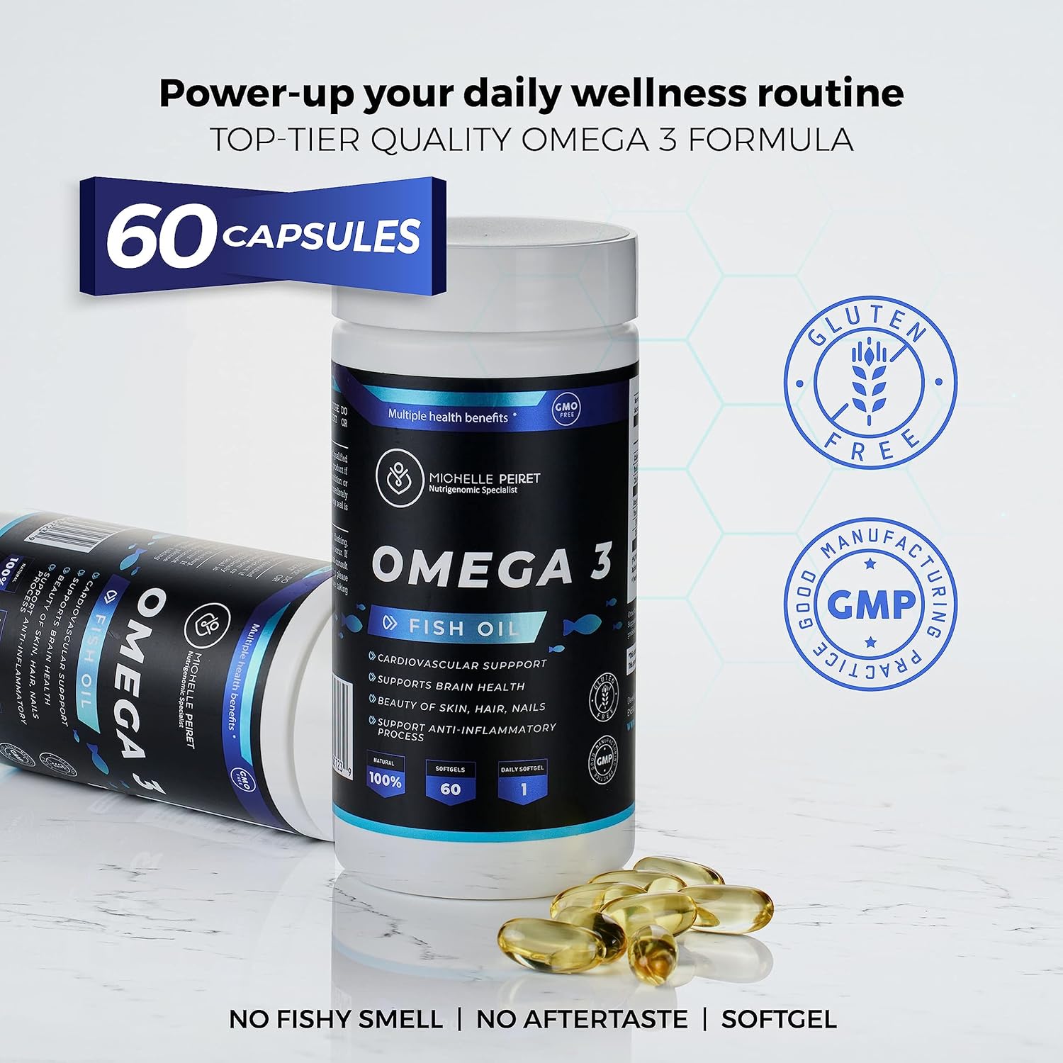Omega 3 Fish Oil Capsules 1000mg - Michelle Peiret - No Fishy Smell - No Aftertaste - Gluten-Free - 60 Capsules