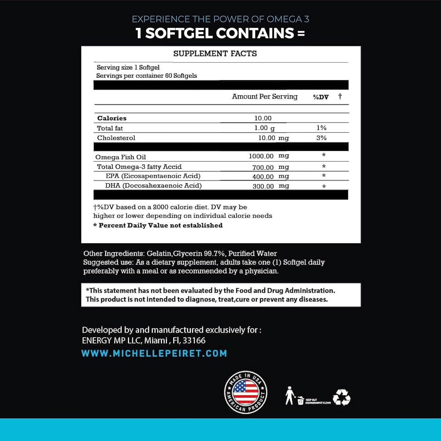 Omega 3 Fish Oil Capsules 1000mg - Michelle Peiret - No Fishy Smell - No Aftertaste - Gluten-Free - 60 Capsules