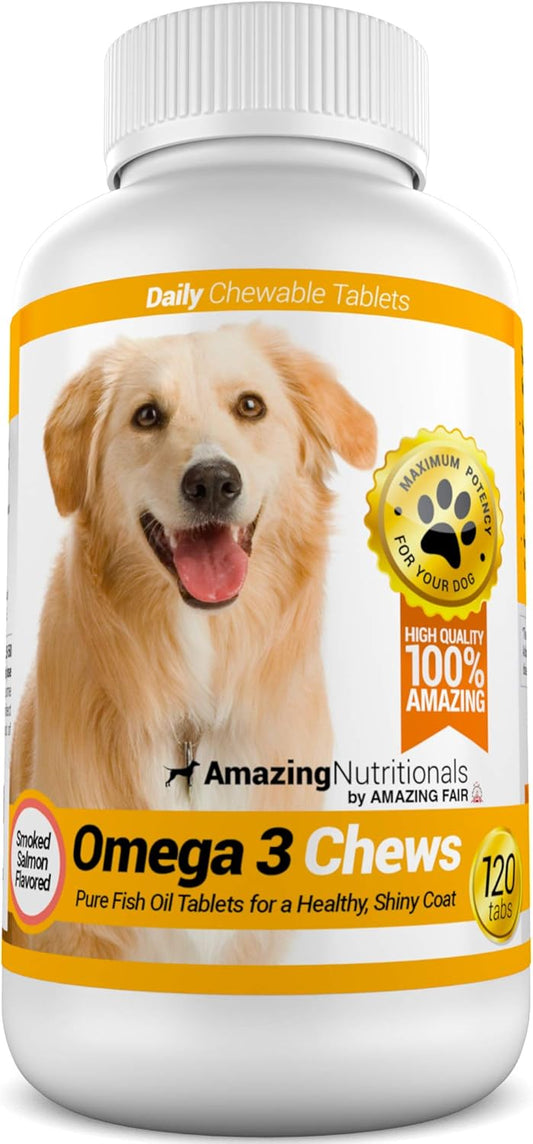 Omega 3 Fish Oil Chews for Dogs - Itchy Skin Relief & Coat Health - Salmon Flavor - 120 Chews