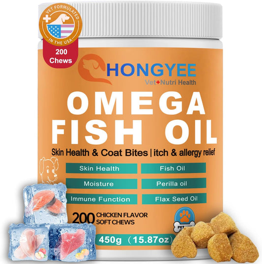 Omega 3 Fish Oil Chews for Dogs - Skin and Coat Care Treats with Salmon, Anchovy, Sardine, Perilla, Flaxseed Oil for Healthy Skin and Shiny Fur