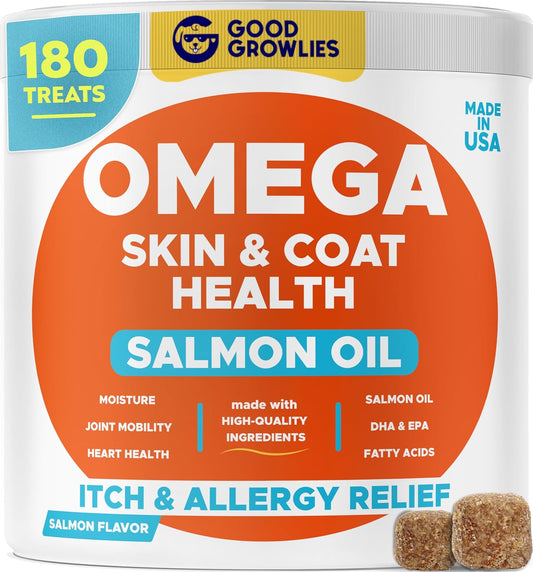 Omega 3 Fish Oil Chews for Dogs (180 Ct) - Skin & Coat Support - Allergy Relief - Shiny Coat - EPA & DHA Fatty Acids - Salmon Oil Promotes Heart Health