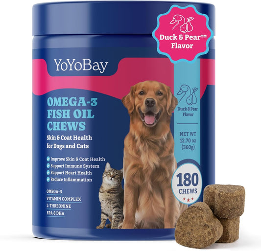 Omega 3 Fish Oil Chews for Dogs & Cats - Duck & Pear Flavored Soft Chews with Flaxseed Oil, EPA & DHA - Promotes Skin & Coat Health, Anti-Inflammatory Support - 180 Count