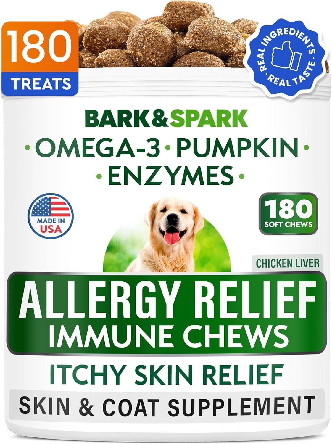 Omega 3 Fish Oil Dog Allergy Relief Chews - Anti-Itch Skin & Coat Supplement - Itching & Paw Licking Treatment - Hot Spots & Dry Skin Relief - Chicken Liver Flavor - 180 Treats