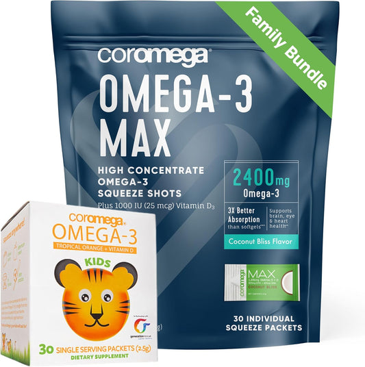 Omega-3 Fish Oil Family Bundle (60 Squeeze Packets) - 2400mg/650mg Omega-3 + Vitamin D, High Absorption, No Aftertaste - Coconut Bliss & Tropical Orange