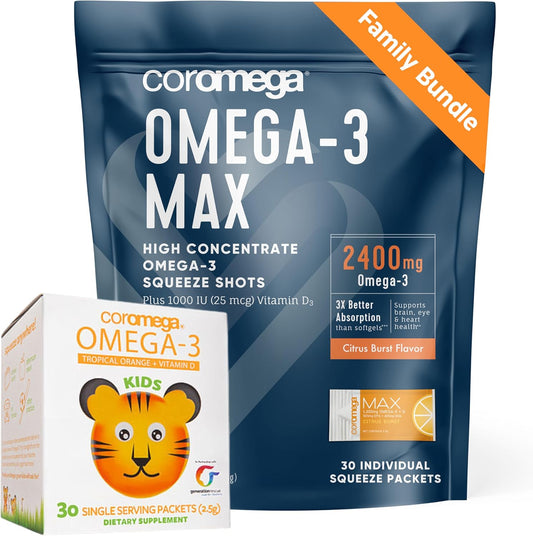 Omega-3 Fish Oil Family Bundle: Citrus Burst & Tropical Orange (60 Packets) - 2400mg/650mg Omega-3 + Vitamin D, 3X Absorption, No Fishy Aftertaste