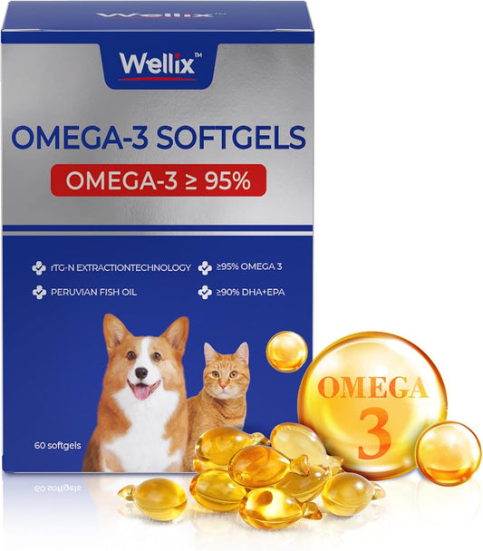 Omega 3 Fish Oil for Dogs & Cats, Skin and Coat Supplement, Promotes Heart & Joint Health, 95% Omega 3, EPA + DHA, 60 Softgels