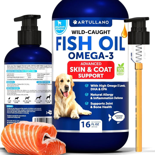 Omega 3 Fish Oil Liquid Supplement for Dogs - Skin & Coat Defense - Allergy Relief - High EPA & DHA - Joint & Bone Health - 16 FL OZ