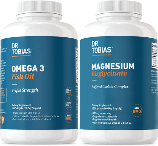 Omega 3 Fish Oil & Magnesium Bisglycinate - Boosts Vitality, Immune System, Muscle Health, Digestion - GMO-Free