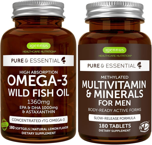 Omega-3 Fish Oil & Men's Multivitamin Bundle: High Absorption, 1000mg EPA & DHA - 180 Softgels + 180 Tablets by Igennus