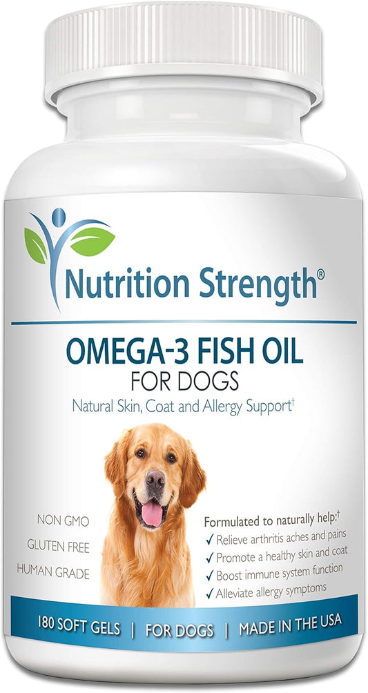 Omega 3 Fish Oil Soft Gels for Dogs with EPA & DHA Fatty Acids - Heart, Skin, Coat, Allergy, Hip & Joint Support - 180 Soft Gels
