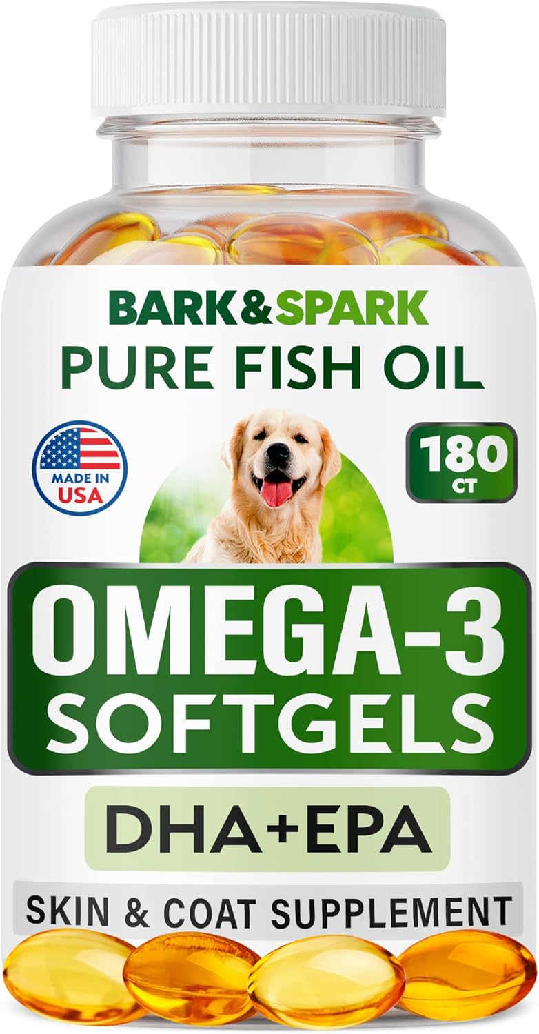 Omega 3 Fish Oil Softgels for Dogs - 180 Pack - Shedding, Skin Allergy, Itch Relief, Hot Spots, Joint Health - Skin and Coat Supplement - EPA & DHA Fatty Acids - Salmon Oil