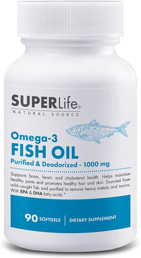 Omega-3 Fish Oil Supplement - 1000mg Purified from Wild Caught Fish with EPA & DHA Fatty Acids | Supports Heart, Brain, Joint, Hair & Skin Health | 90 Softgels