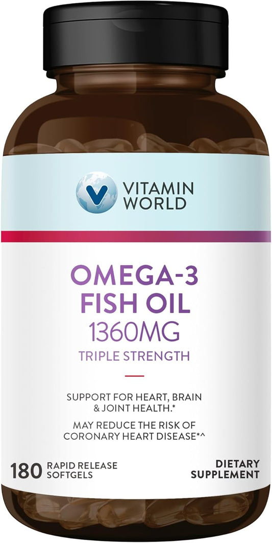 Omega-3 Fish Oil Supplement - Triple Strength 1360mg, 950mg Active EPA & DHA, Heart, Brain & Joint Health Support, Gluten Free - 180 Softgels, 6 Months Supply