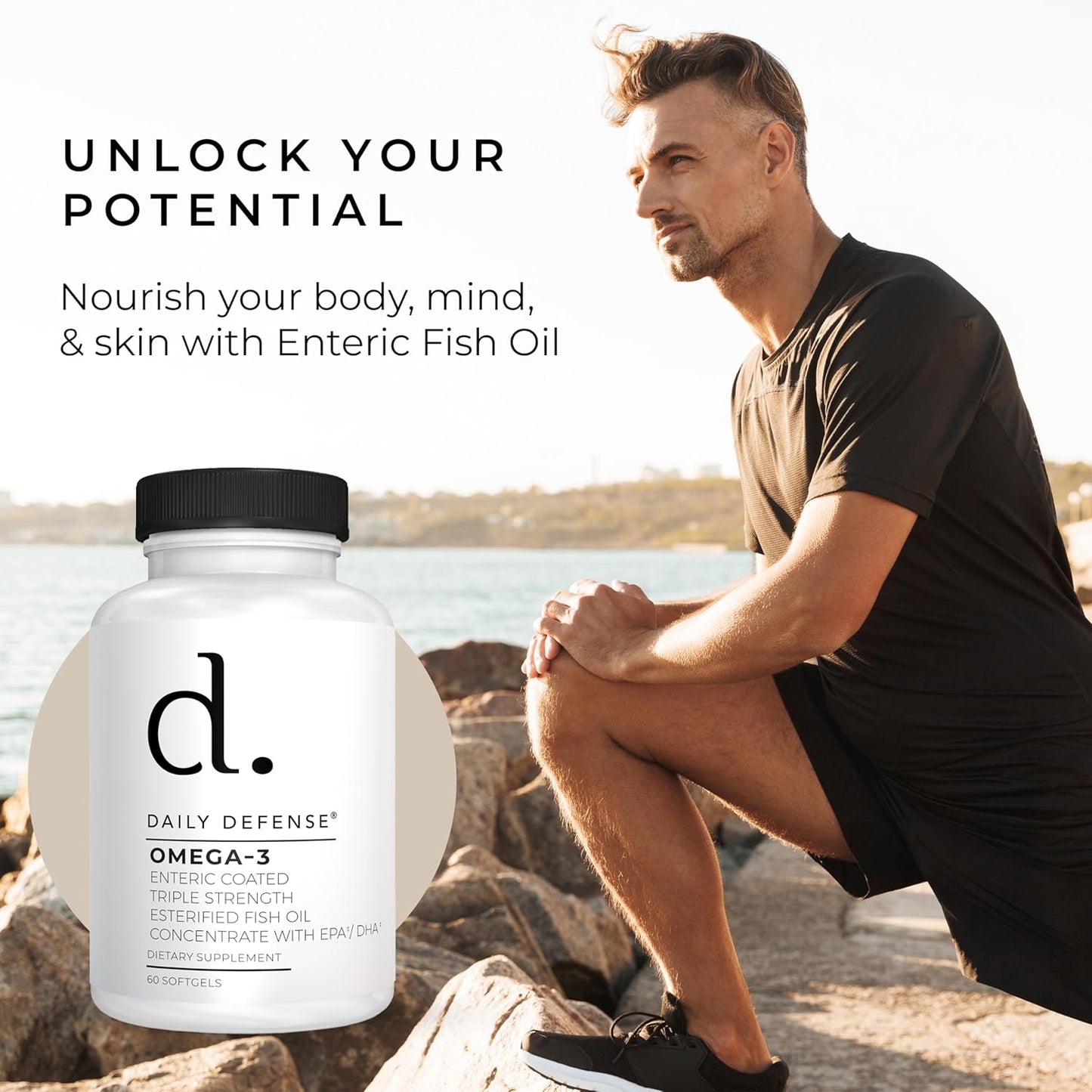 Omega 3 Fish Oil Supplement for Daily Defense - 1000mg DHA EPA for Skin, Nails, Cognitive, & Heart Support - 60 Enteric Coated Softgels USA Made