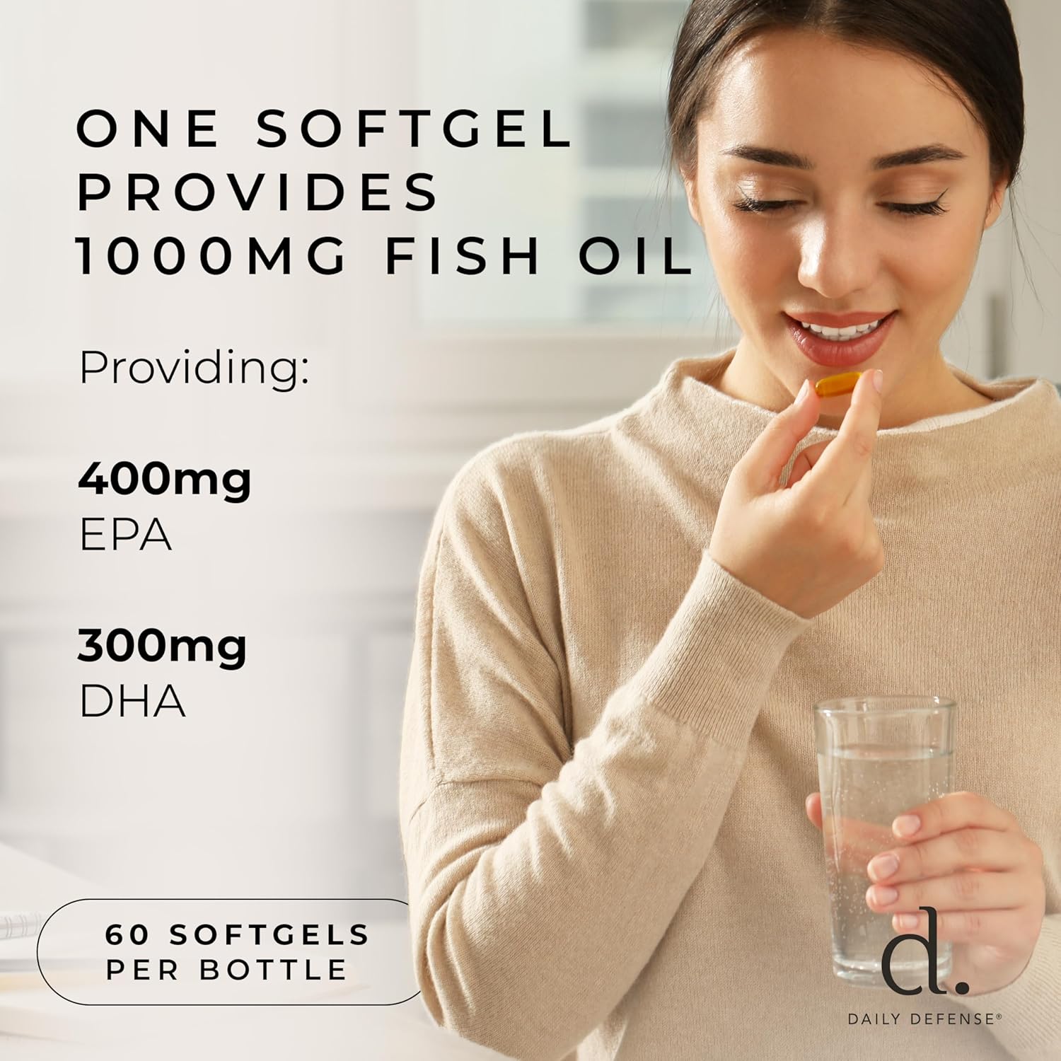 Omega 3 Fish Oil Supplement for Daily Defense - 1000mg DHA EPA for Skin, Nails, Cognitive, & Heart Support - 60 Enteric Coated Softgels USA Made