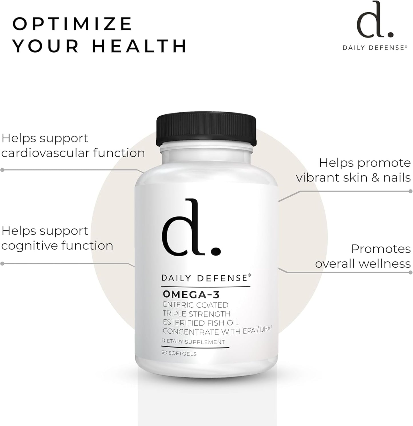 Omega 3 Fish Oil Supplement for Daily Defense - 1000mg DHA EPA for Skin, Nails, Cognitive, & Heart Support - 60 Enteric Coated Softgels USA Made
